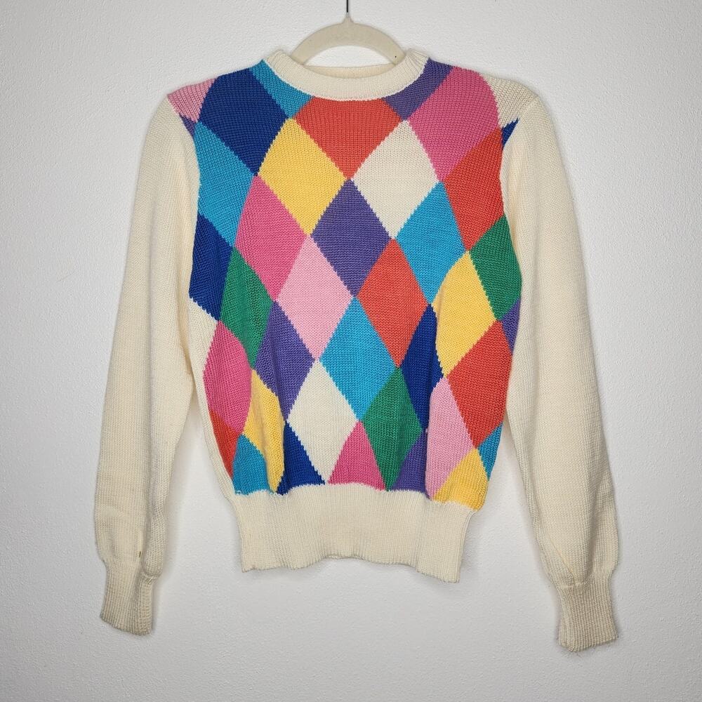 Vintage Sweater Color Block Art Abstract 80s 90s Knit Collections Argyle Prep